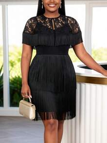 Black Floral Lace Tassel Spaghetti Strap Bodycon Dress, Party Evening Formal Gown - Pink - View 3