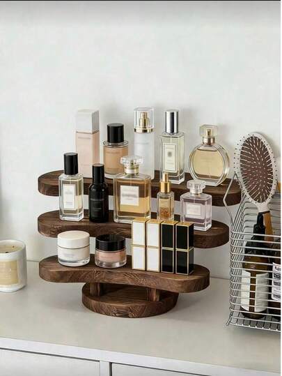 1pc Vintage Wooden Desktop Perfume & Cosmetic Storage Rack, Multi-Layer Retro Solid Wood Makeup Organizer, Perfume Skincare Jewelry Display Shelf