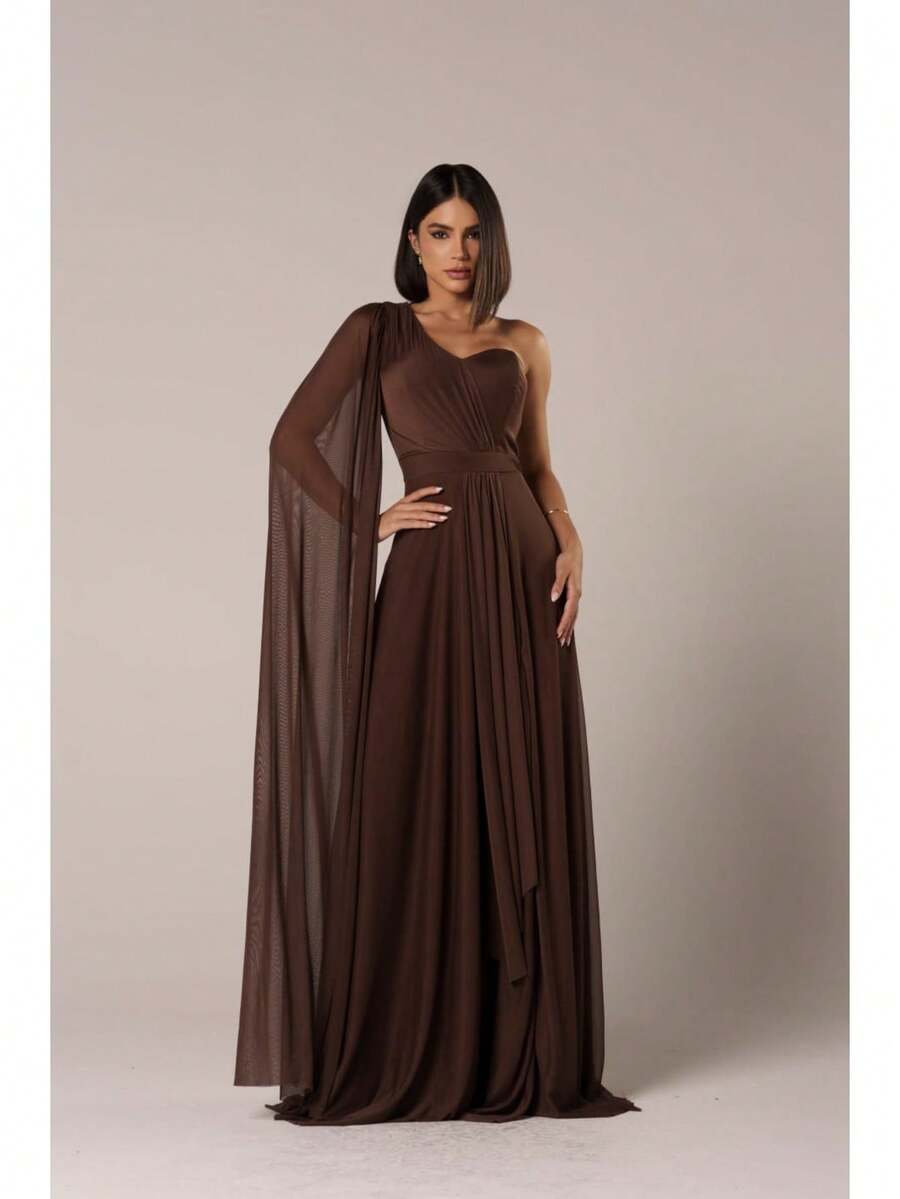 Long Wedding Dress For Bridesmaid - Flowing Style With Cape And Slit - Rust Brown - View 1