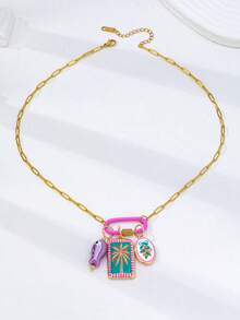 1 Dây chuyền thép không gỉ mạ vàng 18K với mặt dây chuyền hình cá và cây cọ, móc khóa tráng men, phụ kiện trang sức phong cách Boho dành cho nữ. - Dây chuyền mặt hình cây dừa - Xem 4