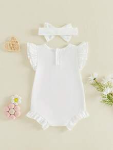 2Pcs Newborn Baby Girl Outfits Set Solid Flutter Sleeve Ruffled Romper And Bow Headband - White - View 7