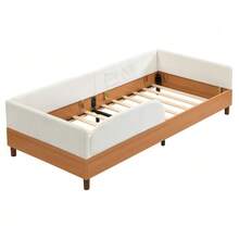 Cama de solteiro estofada, com design em veludo e madeira, com 2 bolsos de arrumação, cama estofada moderna para quarto infantil, borda em espuma macia com absorção de impacto, estrutura de cama robusta, branca, 90 x 200 cm - Branco - Ver 9