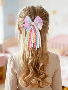 1pc Girl's Glittery Gradient Ribbon Bow Hair Clip With Alligator Clip Decorated Elastic Hair Tie, Cute Children's Hair Accessory - Multicolor - View 2