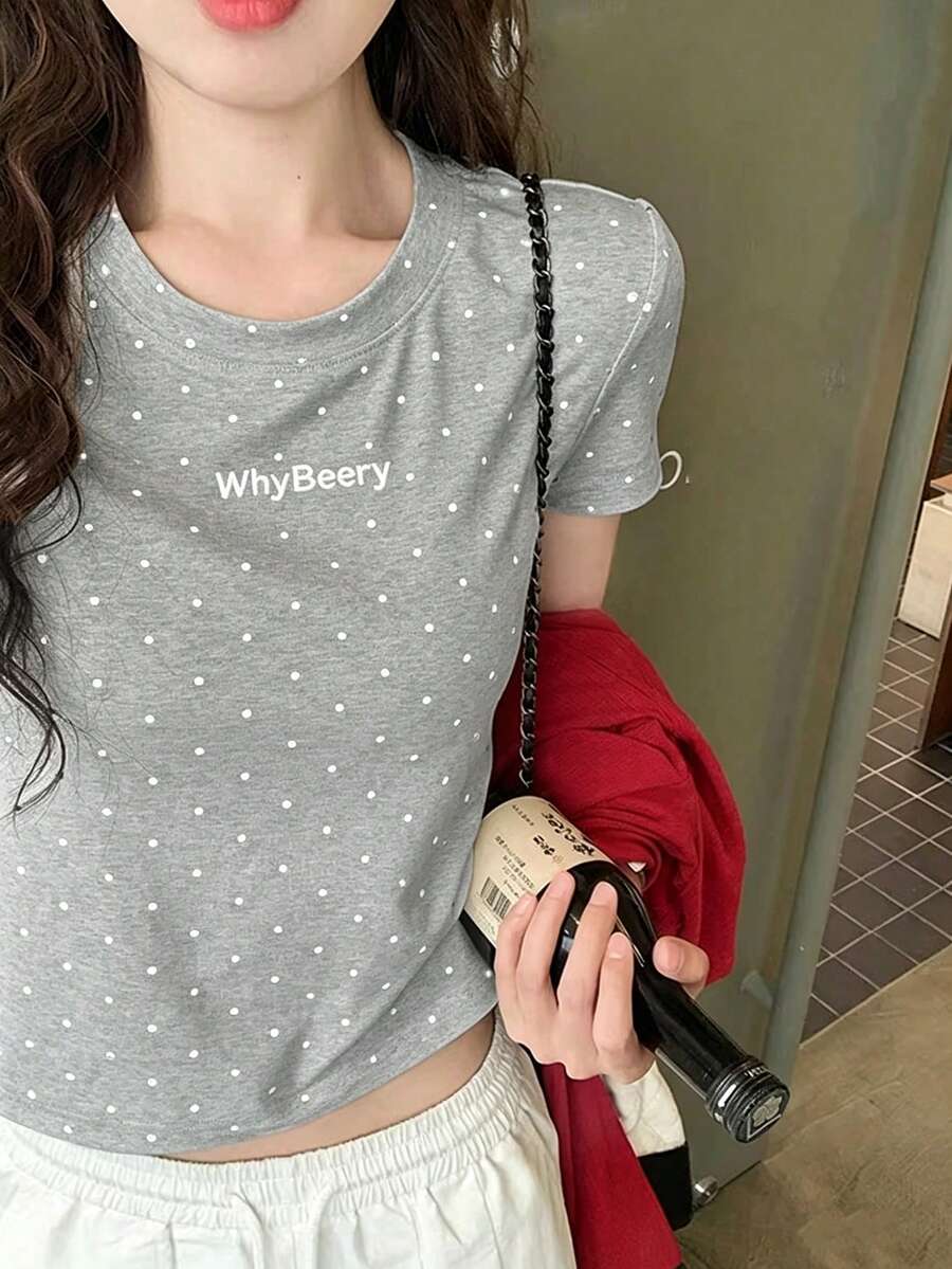 波點圓領短袖T恤,女款修身上衣夏季休閒款 - 灰色 - 查看 1