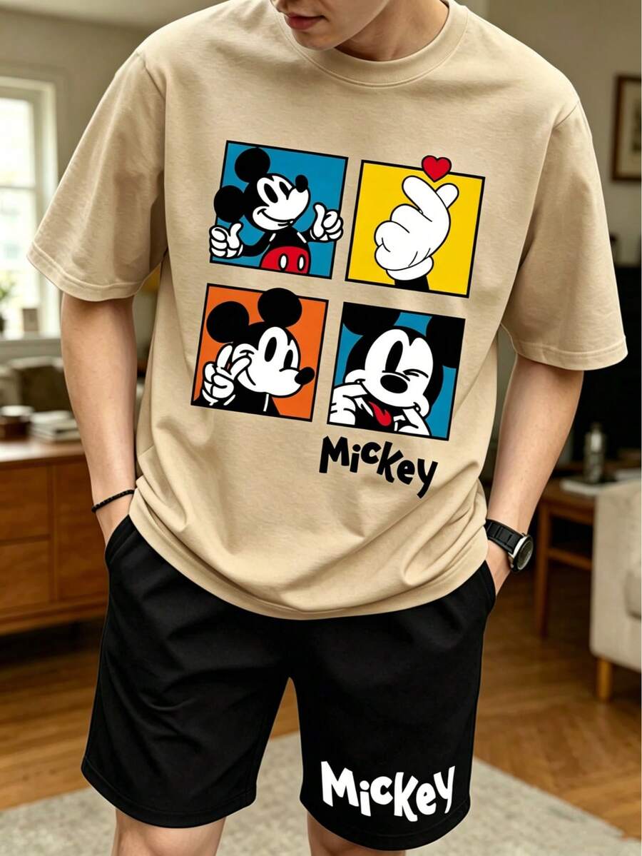Disney 2pcs Mickey Mouse Print Men's Casual Homewear Set, Round Neck Top And Shorts, Suitable For Spring/Summer - Apricot - View 1