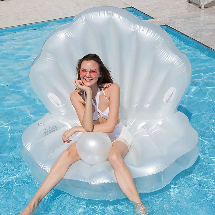 Inflatable White PVC Seashell Shaped Pool Float, Giant Inflatable Clam Shaped Float With Pearl Balls, Seashell Pool Floating Ride-On Raft Chair, Suitable For Adult Summer Beach Party, Pool Inflatable, Beach Essentials, Pool Float