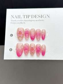 10pcs Handmade Short Almond-Shaped Press-On Nails, Romantic & Cute Style With Hand-Painted Nude Pink To Deep Rose Red Ombre Design - Multicolor - View 2