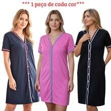 Set Of 3 Surgical American-Style Nursing Pajamas With Buttons In Knit Fabric, Assorted Colors, Blogger Style - 3 Short-sleeve T-shirts - View 6