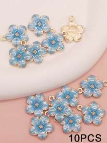 10 piezas/paquete Colgante pequeño con forma de flor de aleación de zinc con esmalte rosa, adecuado para hacer pendientes, collares y pulseras DIY - Rosa - Ver 9