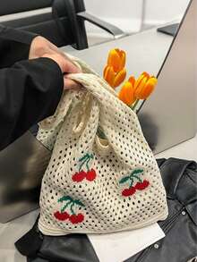 Yogodlns Nuevo bolso de verano con diseño de cereza hueco y correa, bolso de playa minimalista de moda hecho a mano a ganchillo, bolso de mano de cereza de punto, bolso de hombro, bolso de playa para mujeres - Multicolor - Ver 2