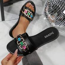 Women's Fashion Luxury Colorful Rhinestone Slides, Black Flat Round Toe Versatile Slippers, Women's Summer Commute Outdoor Strap Sandals - Black - View 10