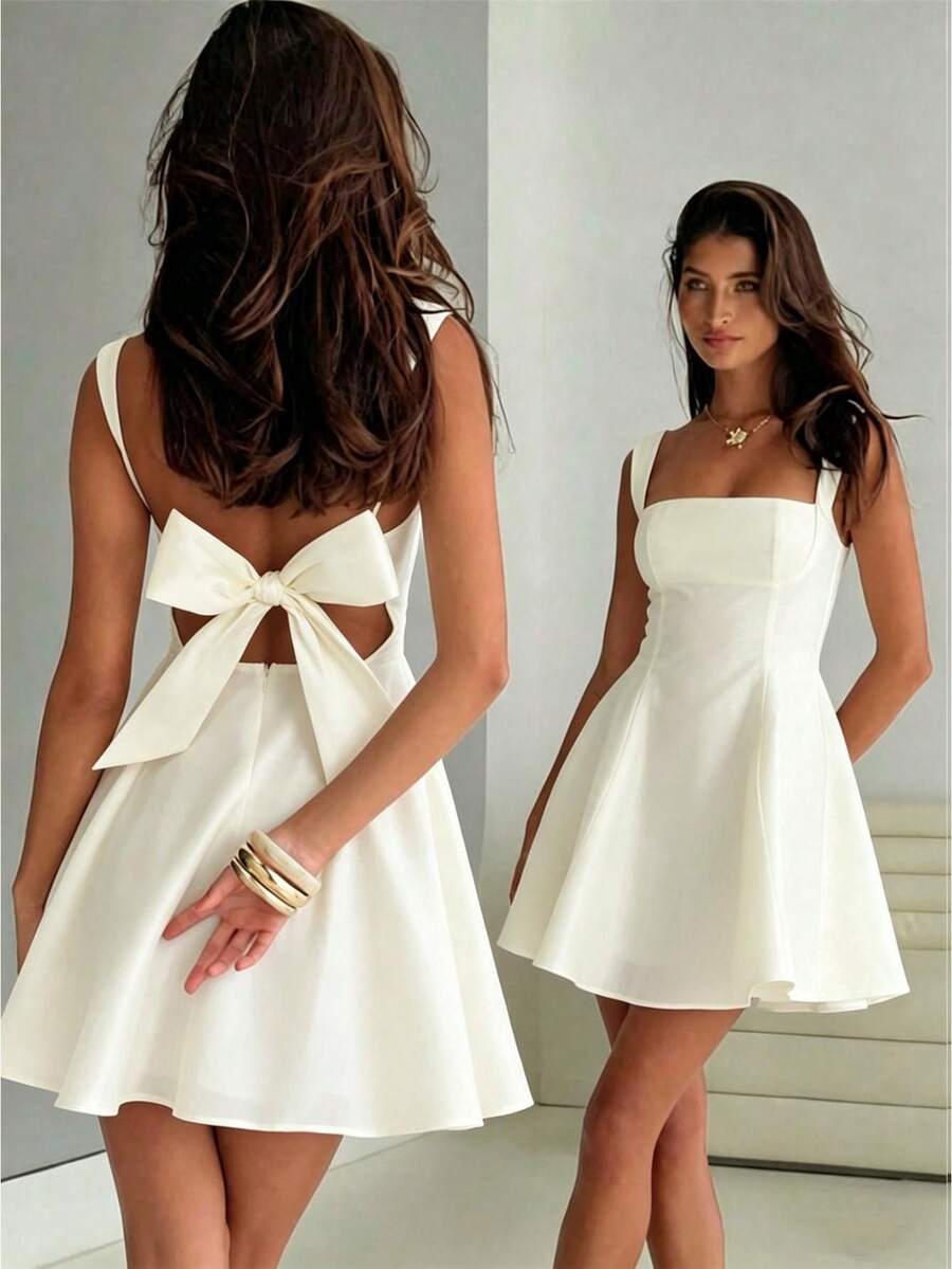 Women's Flower Embroidery Boho Mini Dress Backless Self-Tie Bowknot Square Neck Wide Straps Ruffle Mini Dresses Sleeveless Summer Vacation - màu trắng nhạt - Xem 1