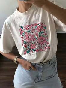 ‌ Camiseta de manga corta para mujer, cuello redondo, holgada, casual y versátil, nuevo estampado floral, ideal como capa base, tejido suave con buena caída-Vintage Street Style Unisex Loose Cotton Short Sleeve Crew Neck T-Shirt - Blanco - Ver 6