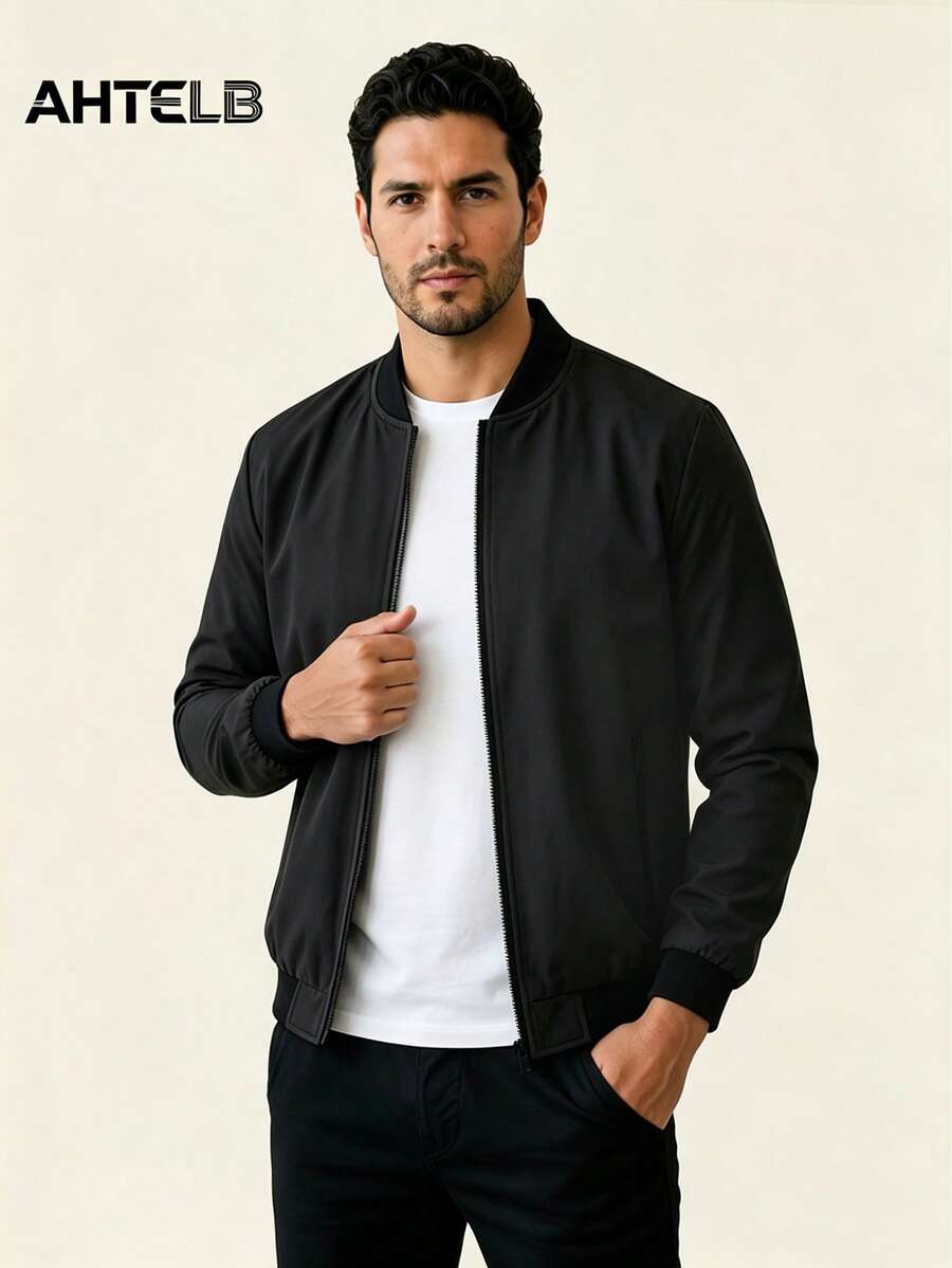 AHTELB Men's Spring/Autumn Jacket, Solid Color Long Sleeve Outerwear, College Style Campus Baseball Collar Jacket, Jacket For Men Men Jacket Sports