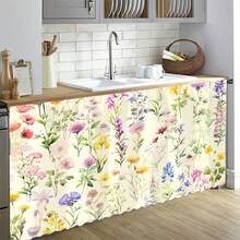 1pc -Style Colorful Wild Flower Pattern Polyester Velvet Table Skirt, Ideal For Kitchen Cabinet Cover, Laundry Cabinet, Storage Cabinet Decor, Can Also Be Used As Short Curtain For Windows - Multicolor - View 5