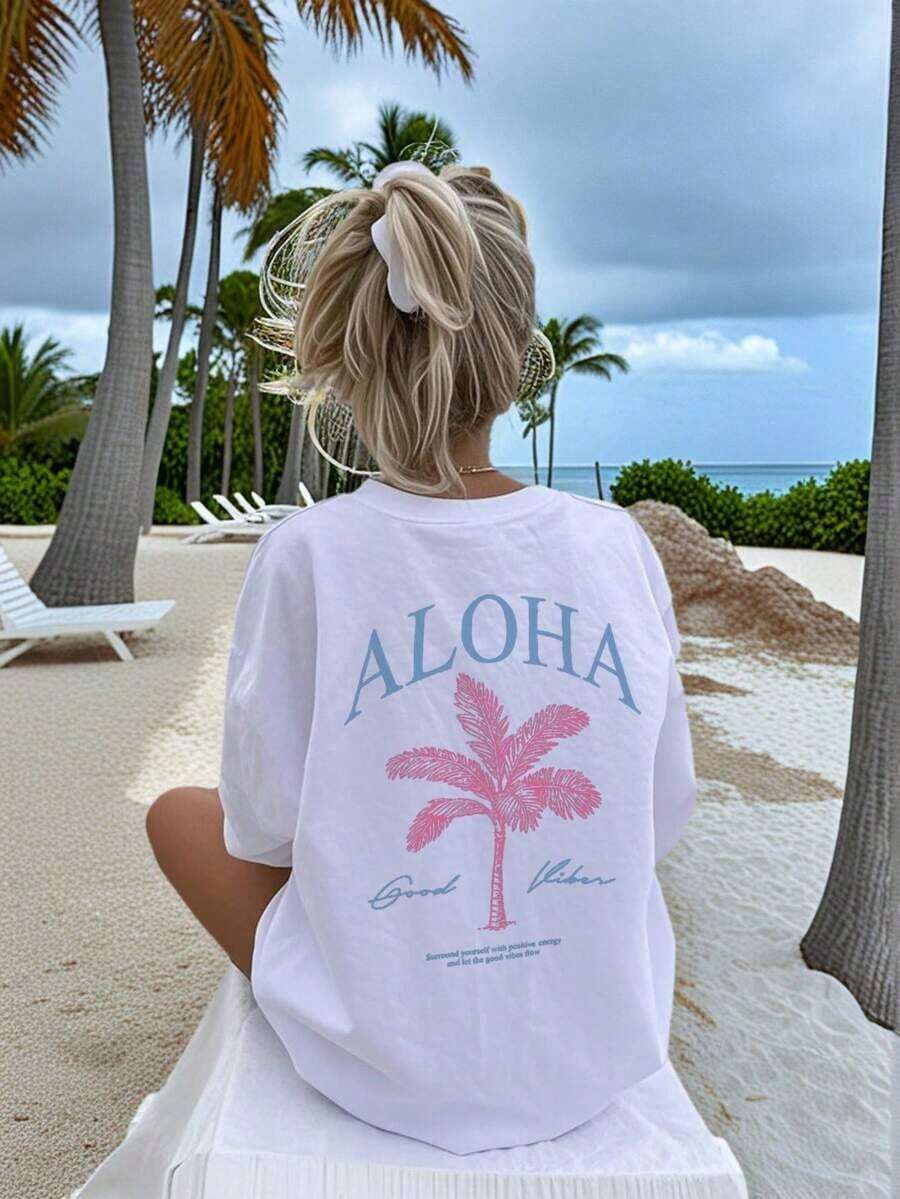 Women's Loose-Fitting Cotton T-Shirt With A Round Neck In Light Pink, Featuring A Palm Tree Print And The Text "ALOHA" On The Back, In A Casual Hawaiian Vacation Style. - 白色 2 - 查看 1