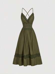 Vestido midi retro de tirantes finos verde militar, cuello en V, espalda hueca en forma de corazón, cintura alta entallada y falda paraguas fluida.Con detalles de ganchillo y encaje en el borde, ideal para primavera, citas y fiestas. - Blanco - Ver 5