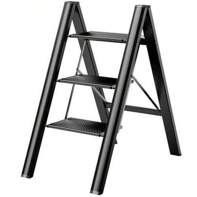 3 Step Ladder, Folding Ladder Stool, Wider Upgraded Non-Slip Treads, Portable Lightweight Ladder For Home And Kitchen, Holds Up To 330 Lbs.Black
