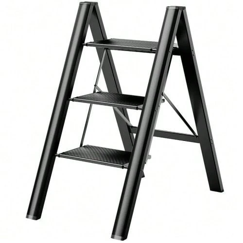 3 Step Ladder, Folding Ladder Stool, Wider Upgraded Non-Slip Treads, Portable Lightweight Ladder For Home And Kitchen, Holds Up To 330 Lbs.Black - C - View 1