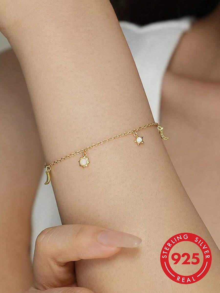 GAGAFEEL 1件925纯银时尚优雅可爱月亮星星合成玛瑙锆石吊坠项链，日常佩戴友谊派对礼物，女士珠宝 - 金色 - 查看 1