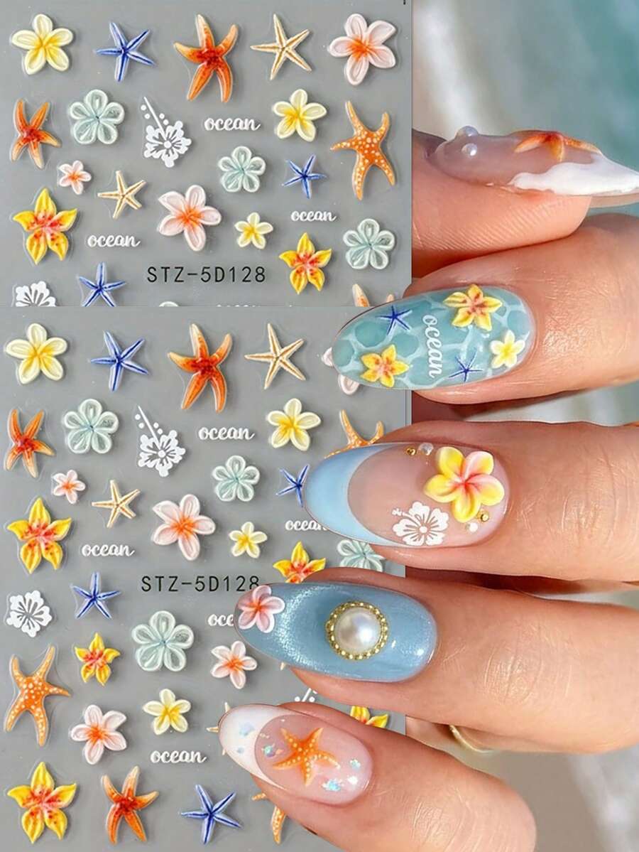 2pcs 5D Embossed Ocean Style Nail Art Stickers - Orange Hibiscus Flower & Starfish Nail Decals - Summer Beach/Vacation/Music Festival DIY Nail Decoration