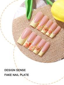 24pcs Rectangular Coffin Shaped Ombre Orange French Manicure 3D Floral Embossed Nail Tips, Includes 1 Piece Jelly Gel And 1 Buffing Strip, Cute French Fake Nails For Nail Salon - Yellow - View 2