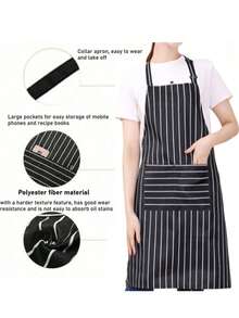 1/2 piezas Delantal con patrón de rayas, delantal con peto ajustable y unisex con 2 bolsillos, delantal de cocina para hombres y mujeres, tela resistente a las manchas de aceite, adecuado para cocinar, hornear, jardinería, restaurante, uso en la cocina - Negro - Ver 7