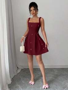 Vestido casual de mujer con parches de unicolor, tirantes anchos y cuentas - Burdeos - Ver 6