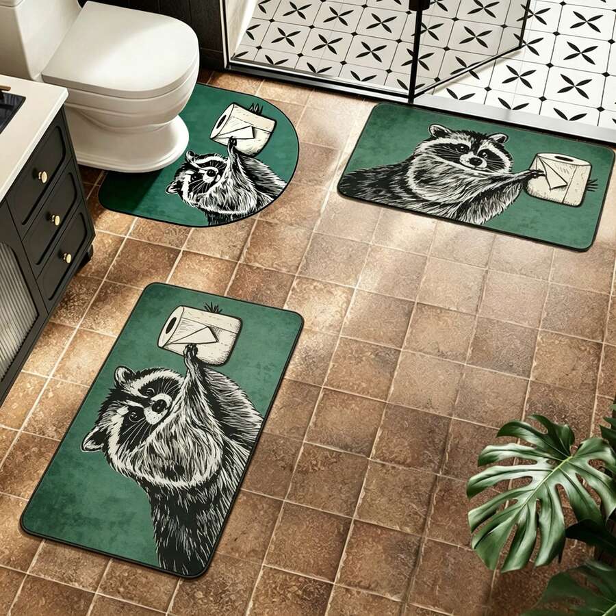 1/3pcs Bathroom Anti-Slip Absorbent Mat, Cute Raccoon Pattern, Silica Gel Mat, Retro Pattern Bath Mat, U-Shaped Toilet Mat, Bathroom Sink Absorbent Foot Mat, 3.6mm Thickness - Green Raccoon - View 1