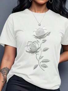 Women's Casual And Versatile Short-Sleeved T-Shirt With Cherry Print And Round Neck, Comfortable Summer Cotton Short-Sleeved T-Shirt For Men And Women - 灰色 - 查看 1
