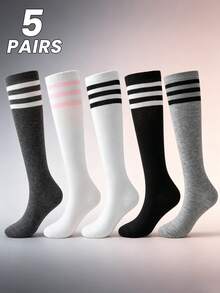 5双装/包 女士春秋季三条纹中长及膝袜，适合学生、成人、舞蹈、约会、派对和趣味装扮。 - 彩色 - 查看 15
