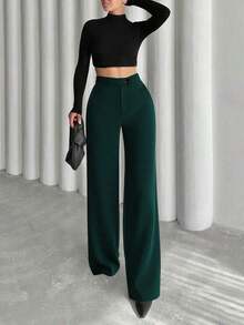 Pantalones rectos negros elegantes y casuales para mujer, pantalones de verano con cintura asimétrica en V para acentuar las curvas, adecuados para la escuela, el uso diario, el trabajo, las citas y las vacaciones de primavera - Verde Oscuro - Ver 8