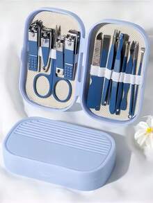Juego de manicura y pedicura, herramientas para el cuidado de las uñas, set de cortaúñas de acero inoxidable, azul, rosa, verde, 14 piezas, set de 8 piezas de manicura y pedicura con cuchillo en caja de plástico - Azul - Ver 2