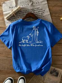 | 1 Women's T-Shirt 100% Breathable Cotton | Women's Short Sleeve T-Shirt With Religious Print - Jesus And The Shepherd's Lamb With The Phrase "He Left The 99 To Find Me" (Matthew - 杏色 - 查看 3