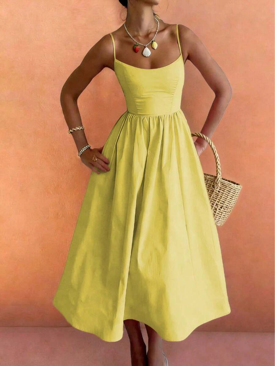 Spring/Summer New Fashionable Minimalist Elegant Daily & Vacation Style Adjustable Strap Dress, Regular Sizes For Women - Yellow - View 1