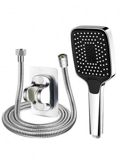 Bộ 3 vòi sen cầm tay hình trái tim vuông màu đen/bạc, 3 chế độ phun nước áp lực cao kèm ống dẫn và giá đỡ.