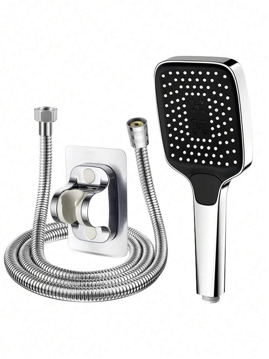 Bộ 3 vòi sen cầm tay hình trái tim vuông màu đen/bạc, 3 chế độ phun nước áp lực cao kèm ống dẫn và giá đỡ.