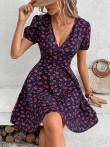 Vestido con estampado floral en toda la prenda, manga abullonada, atuendo para vacaciones y playa para mujeres - Morado - Ver 6