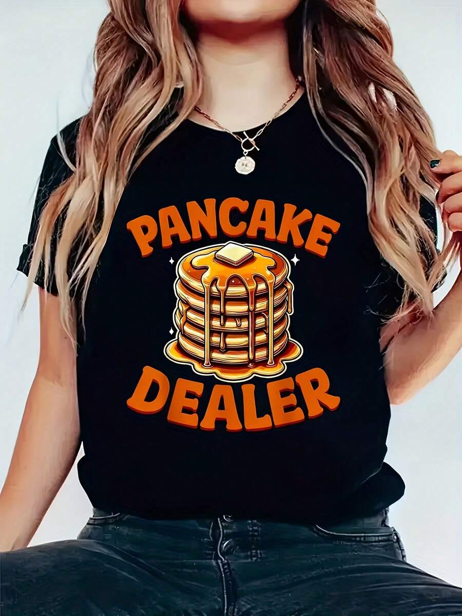 Women's Pancake Print Short Sleeve Crew Neck T-Shirt (Brown Pancakes) - Black And Orange Casual Summer Top, Machine Washable, Regular Fit, Great For Casual Wear And Themed Events - Pancake Vendor Design-X - Black - View 1