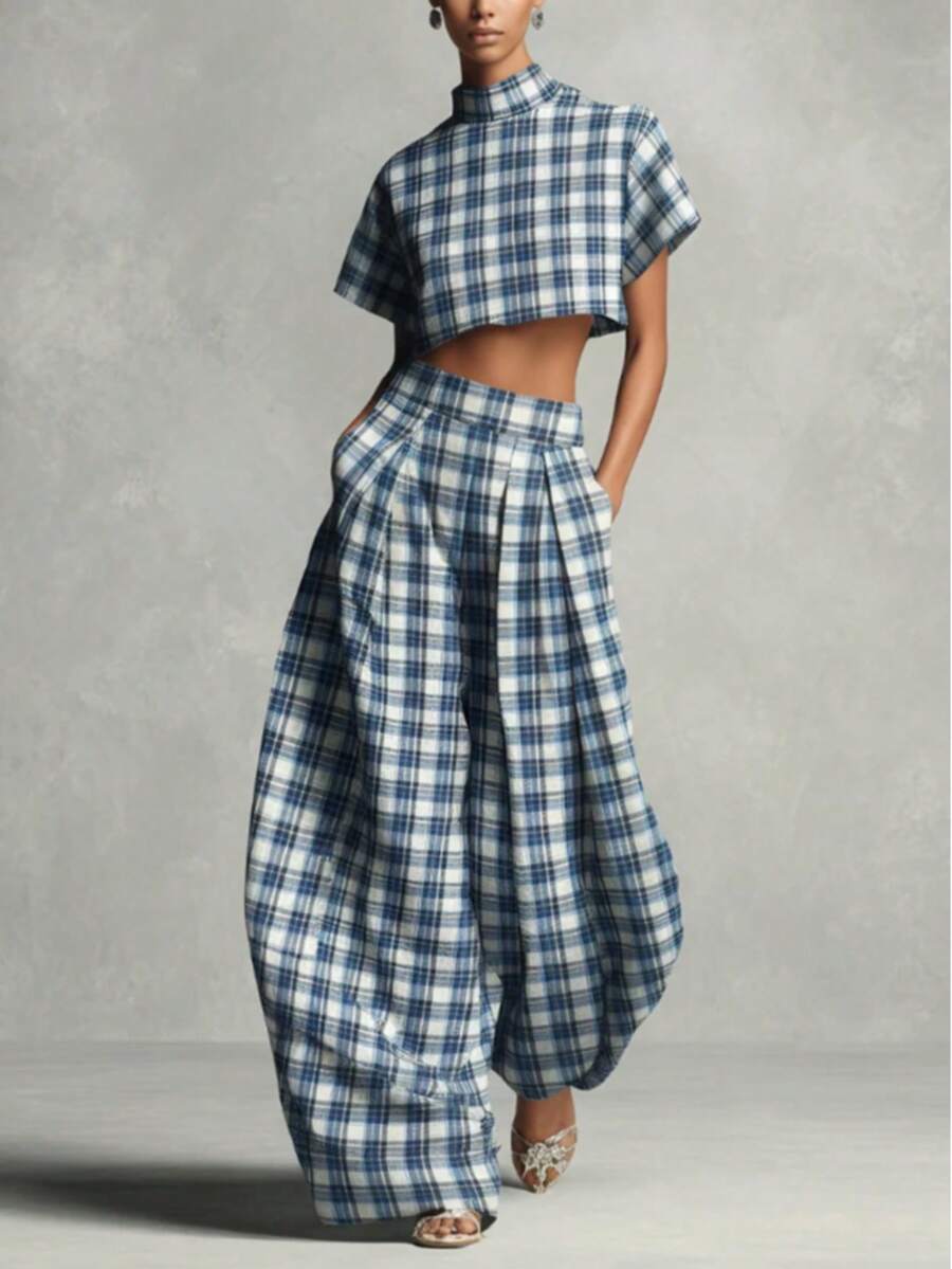 2026新款格子露脐上衣和阔腿裤套装，美式校园风蓝白格子露脐上衣+裤子，甜美休闲夏季格子套装，格子露脐上衣和阔腿裤套装