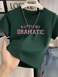 Y2K美学黑粉短袖T恤女款，经典“DRAMATIC”标语露脐上衣，5款全新黑色圆领短袖T恤女款，露脐高腰字母印花图案T恤休闲夏季 - 墨綠色 - 查看 4