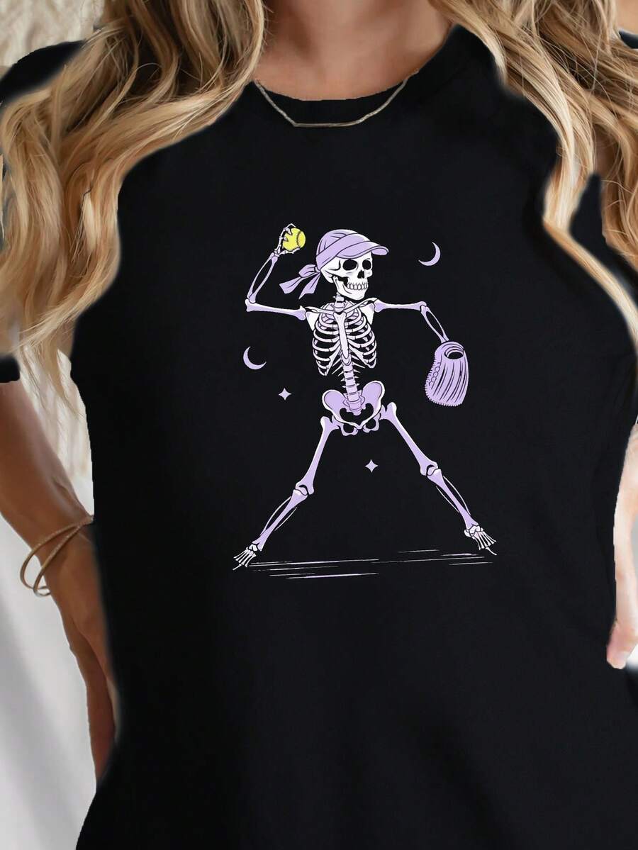 Women's Gothic Softball Pitcher Skeleton Print T-Shirt - Black And Purple, Casual Summer Top With Fastpitch Design, Relaxed Fit For Events And Casual Wear - Machine Washable Softball Apparel With Women's Pitcher Skeleton Print, Relaxed Fit For Warm Weather, Geometric Pattern And Playful Style - X