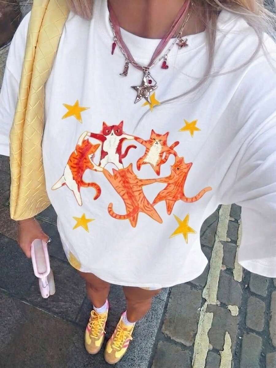 2000年代风格新款夏季复古T恤，印有跳舞猫和星星图案，宽松舒适，适合夏季休闲穿着，白色 - 白色 - 查看 1
