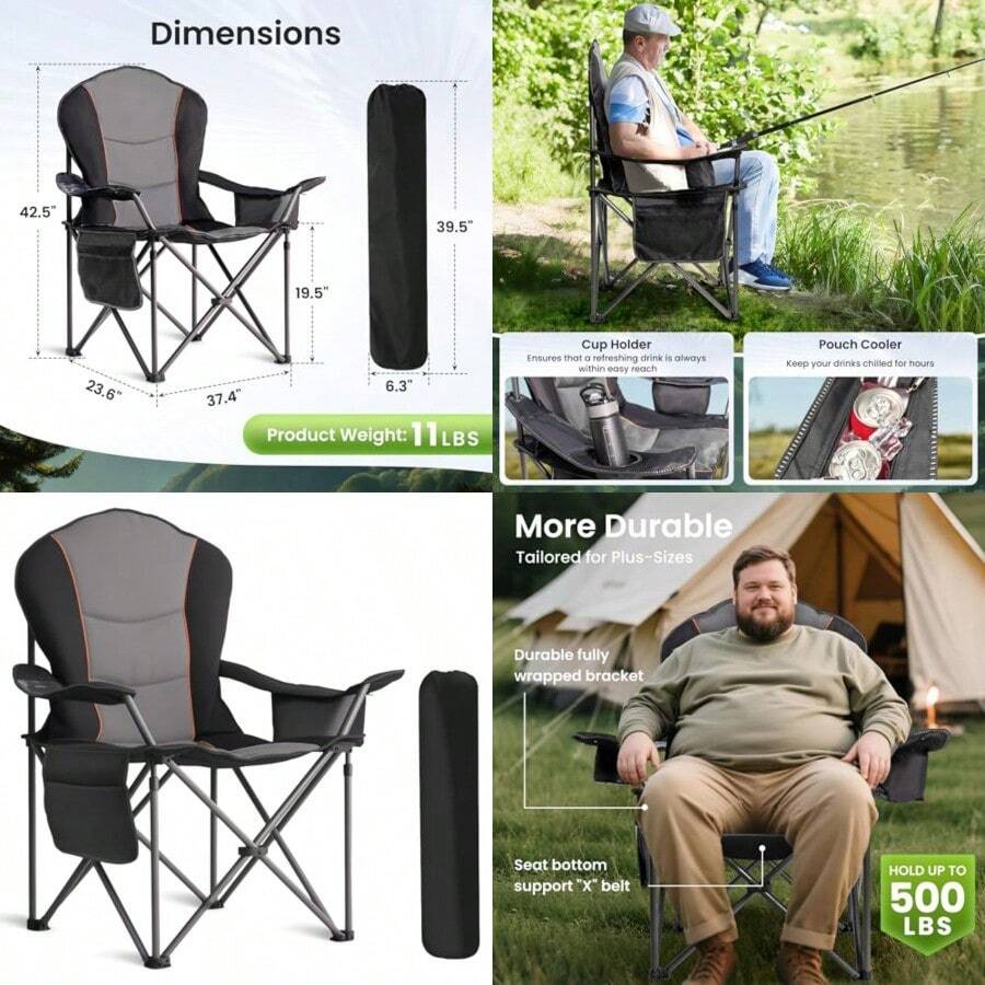 Silla de Camping de Gran tamaño Resistente de 500 Libras Silla Plegable portátil con Bolsa refrigeradora Soporte para Tazas y Funda Impermeable para teléfono para Adultos Playa - Negro gris - Ver 1