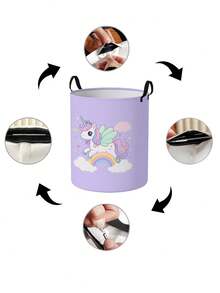 1pc Large Capacity Foldable Round Storage Basket With Cartoon Horse Print, Fabric Laundry Hamper, Multi-Purpose Storage Bin For Nursery, Diapers, Clothes, Baby Supplies - Multicolor - View 7