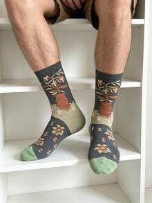 1 Pair Men's Deep Green Contrast Potted Plant Graphic Mid-Calf Socks, Retro Artistic Everyday Wear - Multicolor - View 5