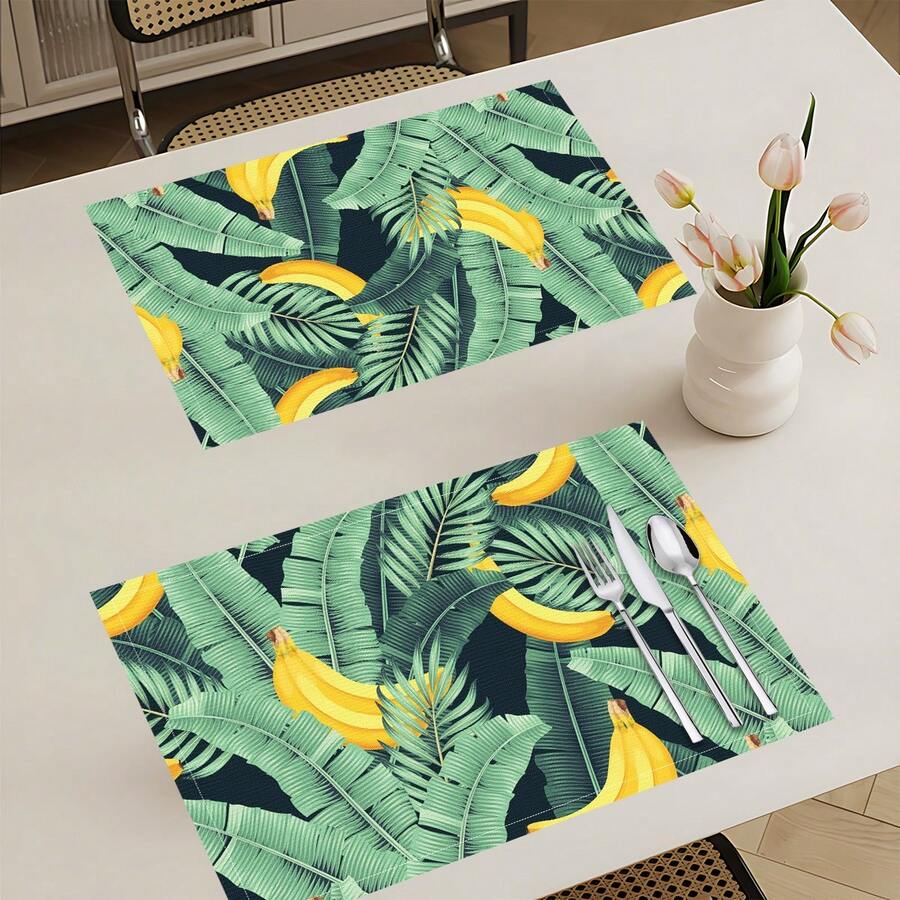 1pc/4pcs/6pcs/8pcs Banana Print Linen Placemats, Suitable For Dining Table, All Season Decor, Modern Washable Table Mats, Room Decor, Coasters, Kitchen Dining Mats, Indoor Outdoor Party Decoration, Home Decor, Ideal Gift - Multicolor - View 1