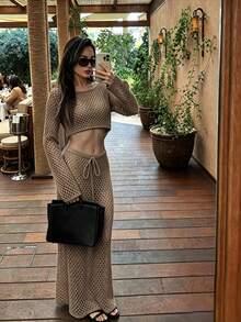 Women's Summer Casual Hollow Out Beach Knit Top + Long Skirt 2pcs Set Fashion Knit Clothing - Summer Women's Set, Elegant Women's Dress - Khaki - View 8