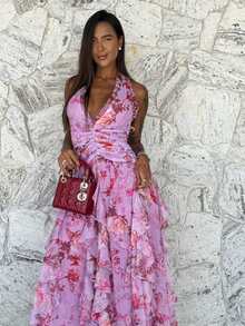 Women's Boho Chiffon Halter Floral Print Sleeveless A-Line Long Dress With Belted Details, Flared Hem Summer Formal Gown - 粉色 - 查看 9