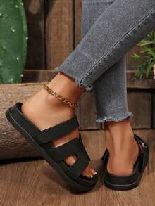 Women's Outdoor Indoor Summer Casual Vacation Sandals With Cut-Out Band & Adjustable Strap & Memory Foam, Womens Shoes Platform Flats Slippers Slides - 黑色 - 查看 8